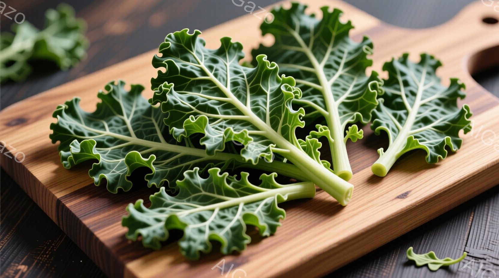 ケールが木製のまな板の上に置かれています。ケールの葉は濃い緑色で、葉脈がはっきりと見え、新鮮さを感じさせます。まな板は木目が美しく、背景は暗い木製のもので、ケールが際立っています。 - AI生成フリー素材