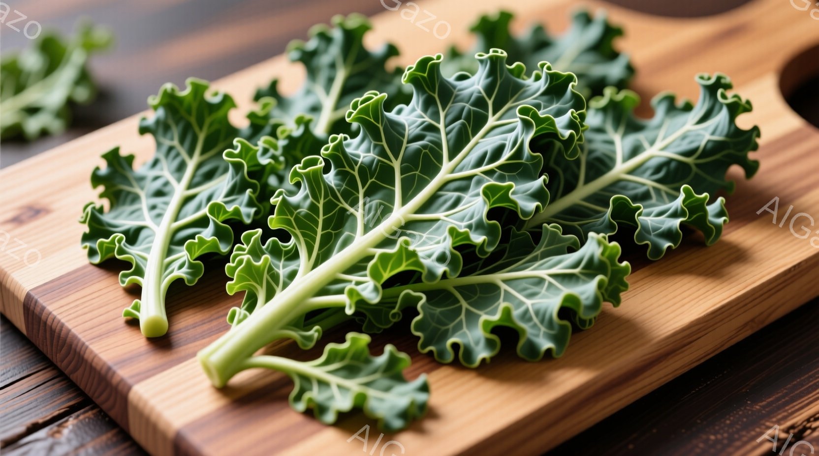 木製のまな板の上に置かれたケールの葉が写っています。葉は鮮やかな緑色で、縮れた縁が特徴的です。背景は暗い木目調で、ケールの緑色が際立っています。 - AI生成フリー素材