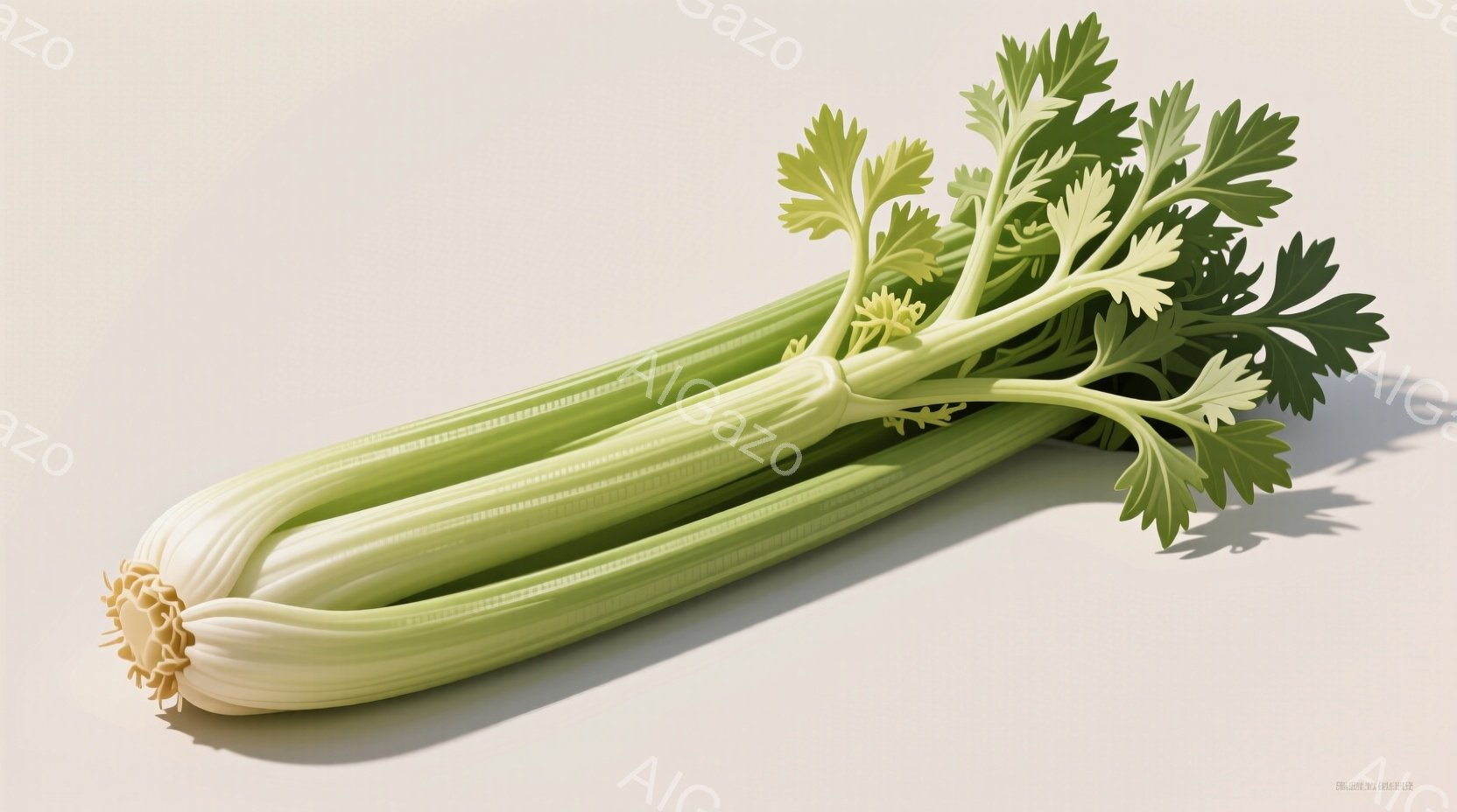 鮮やかな緑色のセロリが、薄いベージュ色の背景に置かれています。根元は淡い黄緑色で、葉は細かく繊細な形をしており、光沢があります。影がわずかにあり、立体感が強調されています。 - AI生成フリー素材