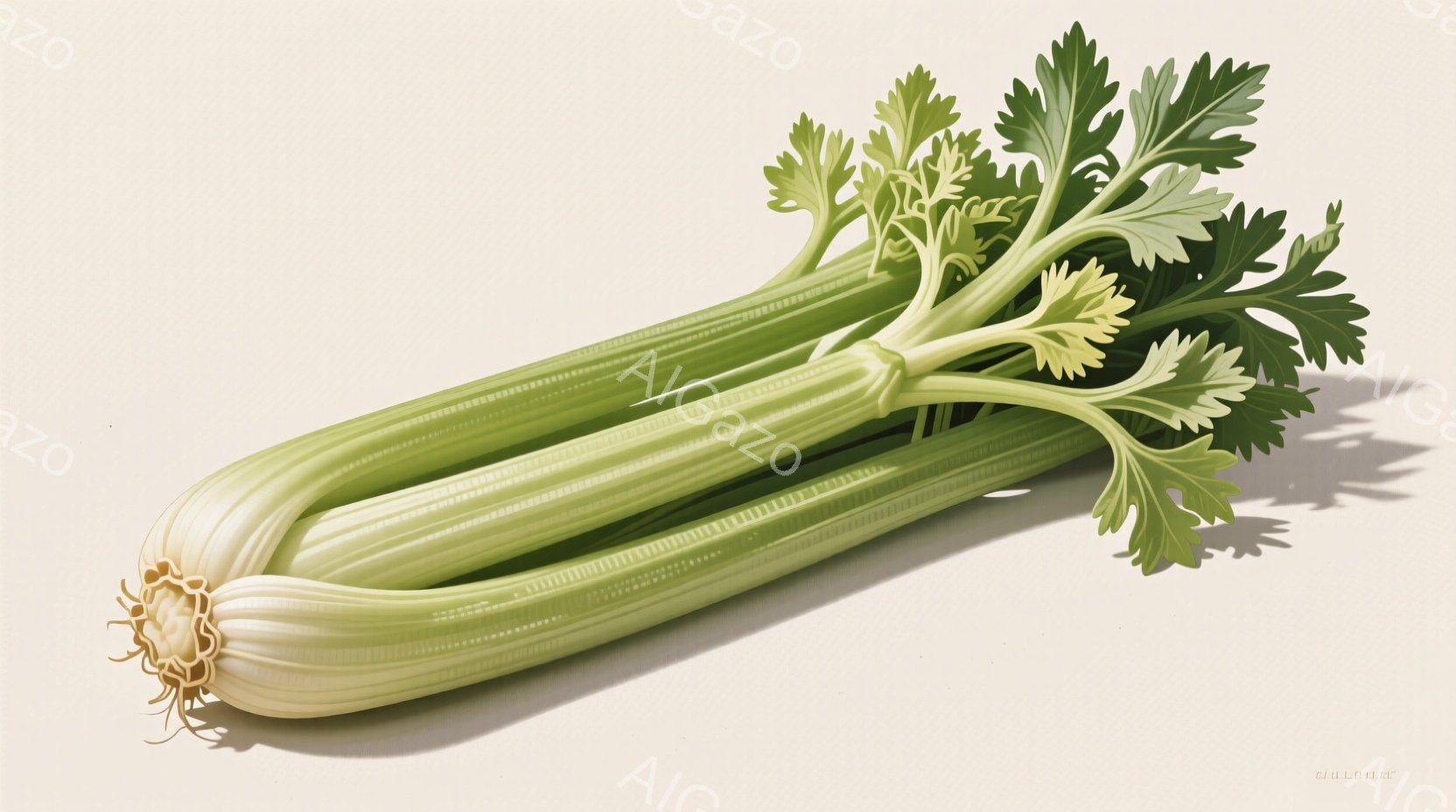 画像はセロリの一本が写っています。根元は淡いクリーム色で、茎は鮮やかな緑色で、葉は豊かな緑色の房状になっています。影がセロリの右側に落ちており、シンプルな背景に浮かび上がっています。