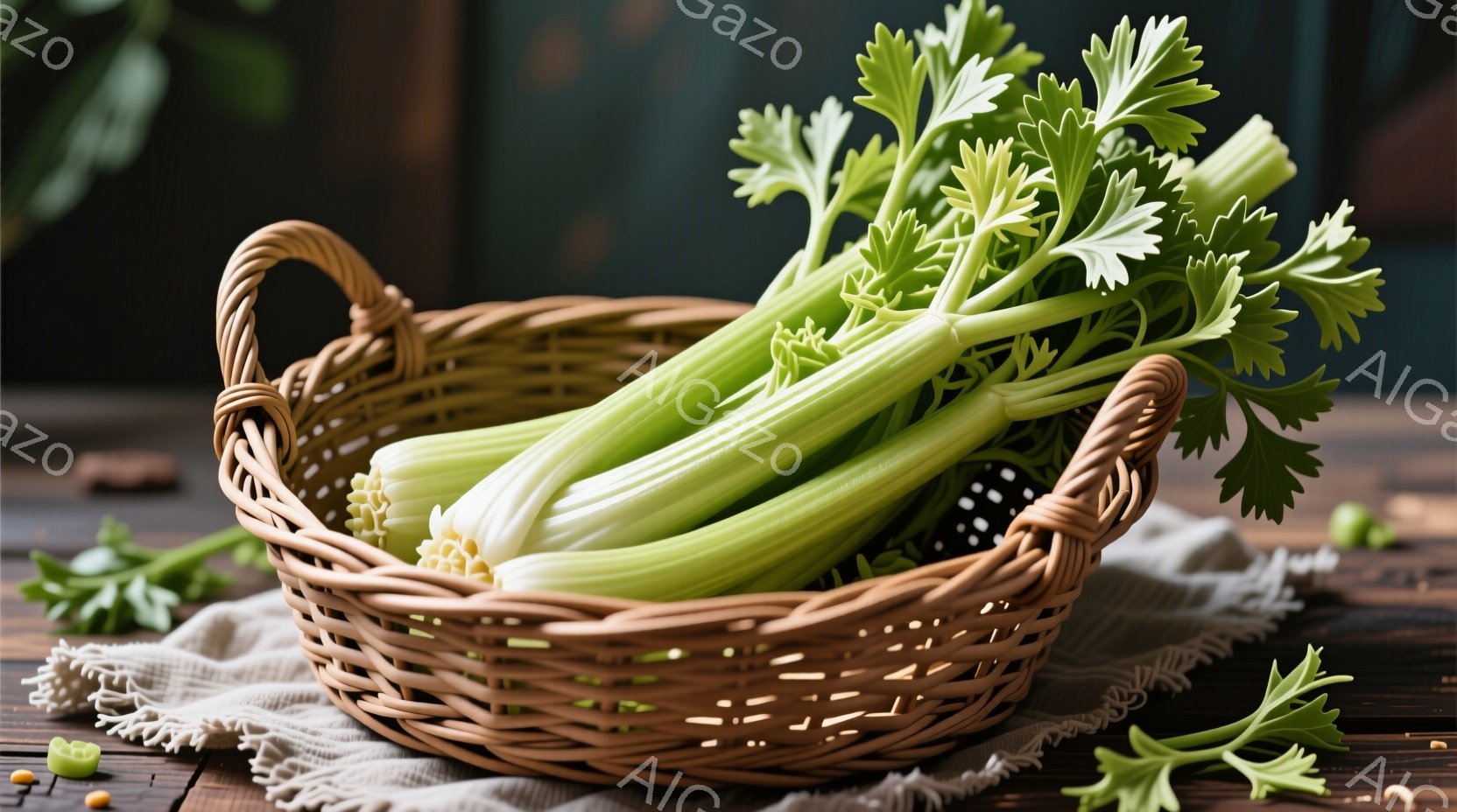籐で編まれたバスケットに、新鮮なセロリがぎっしりと詰まっています。セロリは緑色が鮮やかで、葉の部分も豊かに広がっています。バスケットの下には、白い布が敷かれ、背景には木製のテーブルとぼやけた緑色の背景 - AI生成フリー素材
