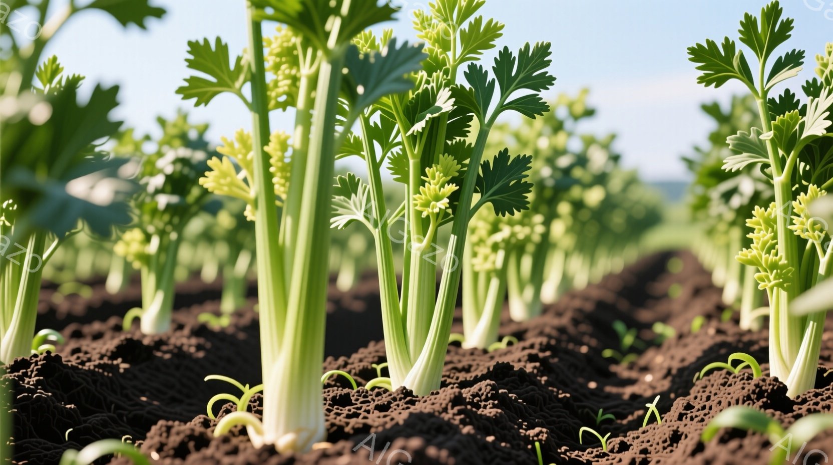 野菜畑でセロリが密集して育っている様子が写っている。土は暗褐色で、セロリの緑色が鮮やかに映えている。背景はぼやけており、遠くには丘や建物が見えるが、焦点はセロリに当てられている。 - AI生成フリー素材