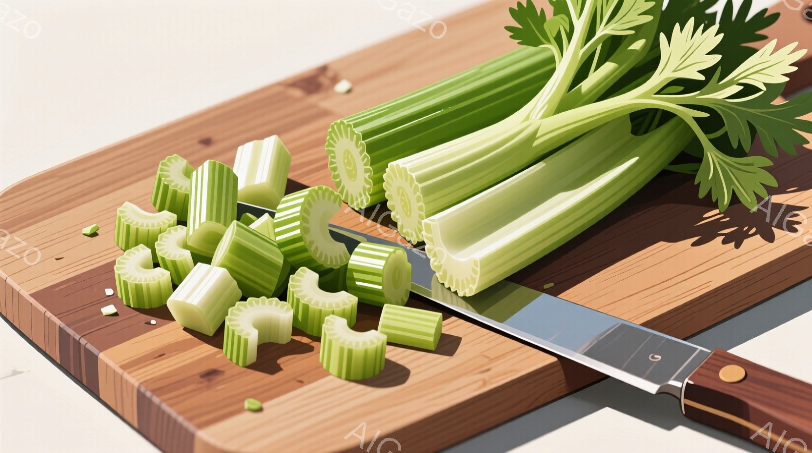 画像は木製のまな板の上に刻まれたセロリが写っています。セロリは、まだ切りかけの部分と、すでに細かく刻まれた部分があり、ナイフが隣に置かれています。全体的に明るい照明で、セロリの鮮やかな緑色が際立っています。