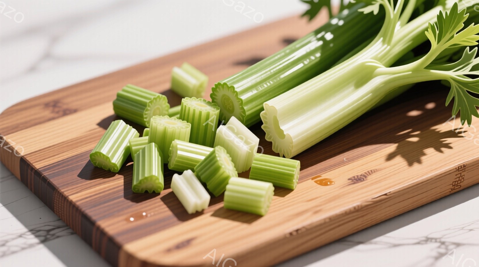 セロリが木製のまな板の上に置かれ、一部が細かく刻まれています。明るい自然光が当たり、セロリの鮮やかな緑色が際立っています。背景には薄い大理石の模様が見え、清潔感のあるキッチン環境を連想させます。