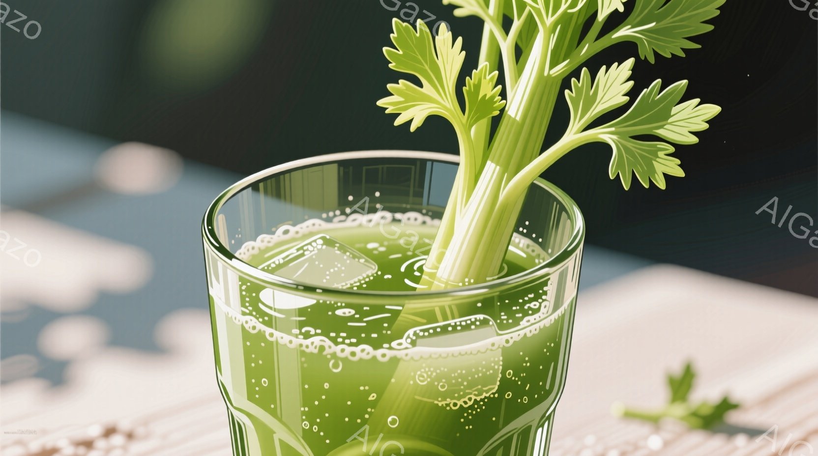 緑色の液体が入ったグラスが写っている。グラスの側面には水滴がつき、中には細かい泡が浮かんでいる。背景はぼやけており、テーブルの木目が見えるとともに、何か緑色のものが置かれている。