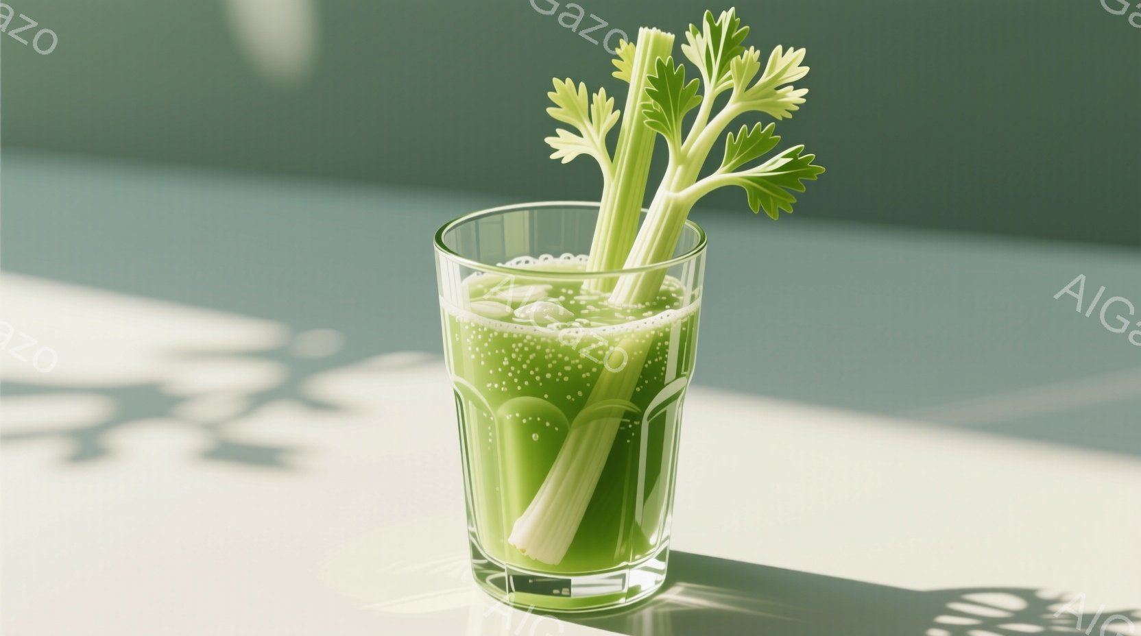 グラスの中にセロリの絞り汁が入っており、セロリの茎と葉が立てられています。光沢のある白い表面の上にグラスが置かれており、影が落とされています。全体的に健康的で爽やかな雰囲気が漂っています。