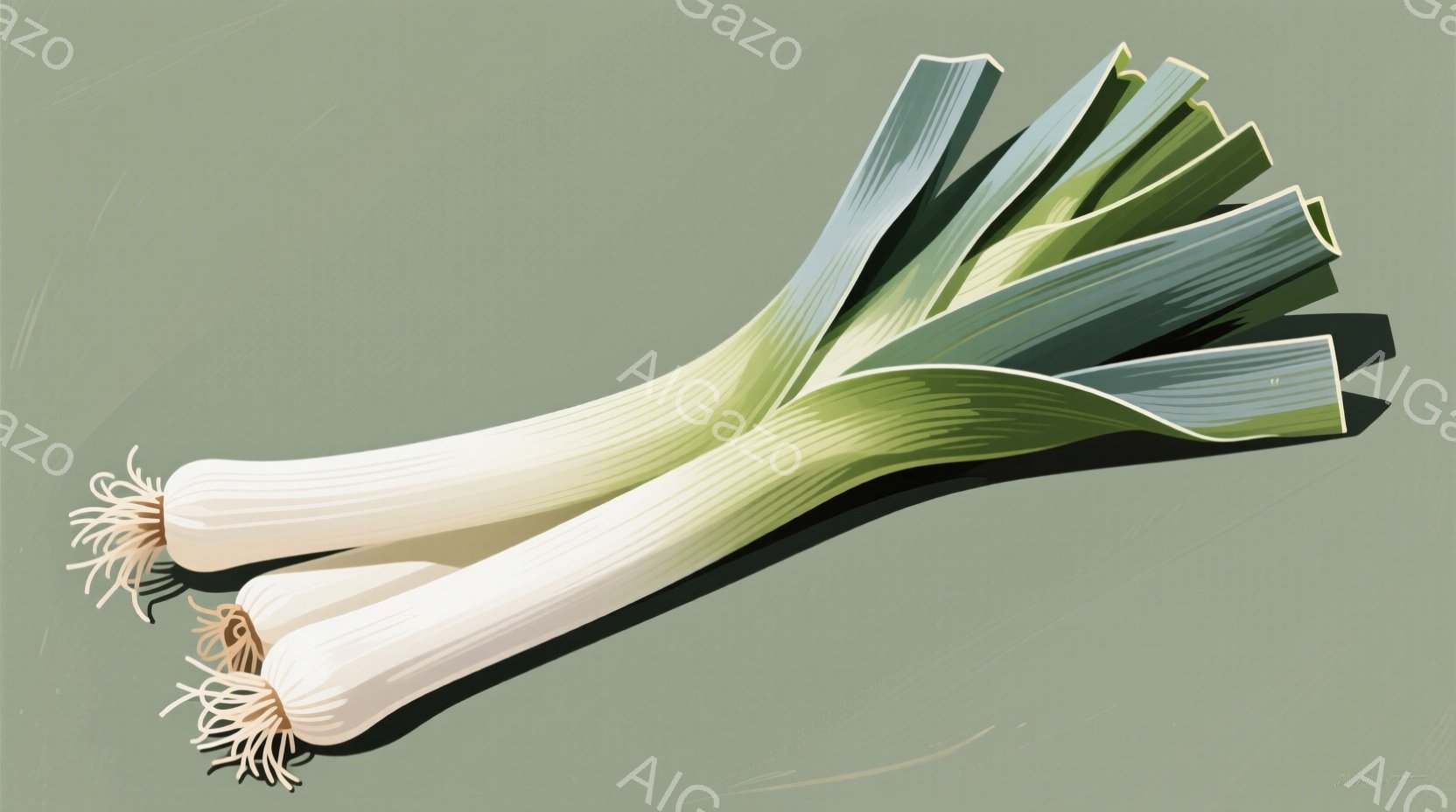 根元が密集し、緑色の葉が上に向かって伸びる３本のネギが描かれています。背景は均一な薄い緑色で、ネギの影がわずかに落ちています。全体的にシンプルでミニマルな構成で、ネギそのものの形状と質感が強調されています。