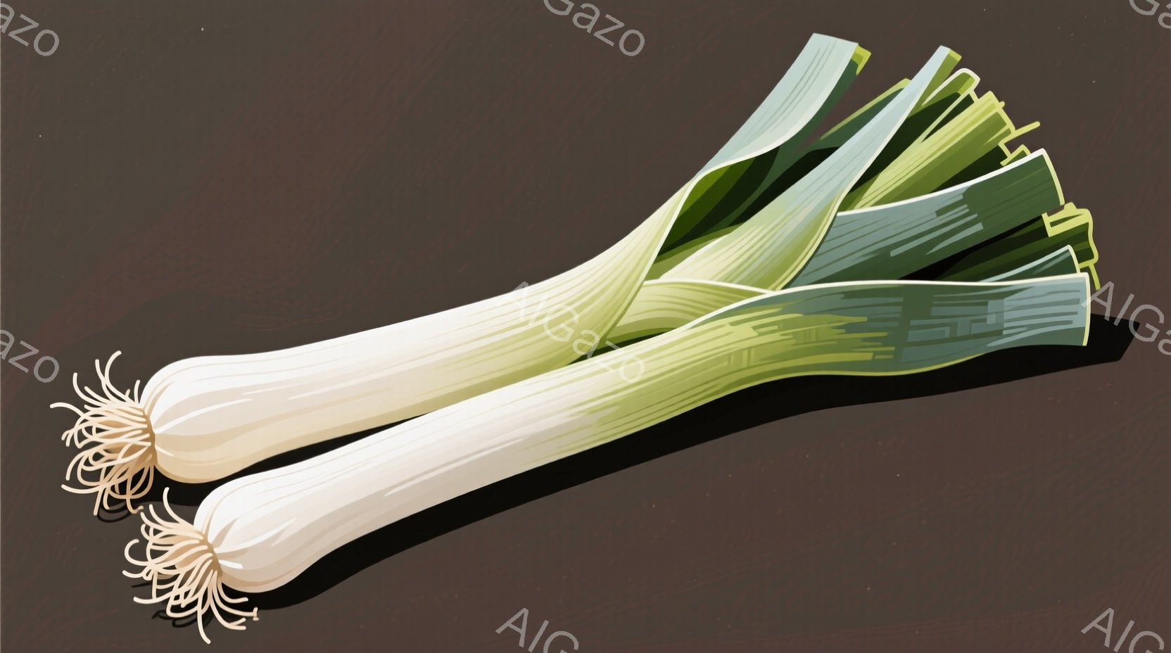 2本のネギが茶色の背景に描かれています。ネギは白く、根元には細い根が絡みつき、緑色の葉が上に伸びています。影がつけられており、立体感とリアリズムを高めています。