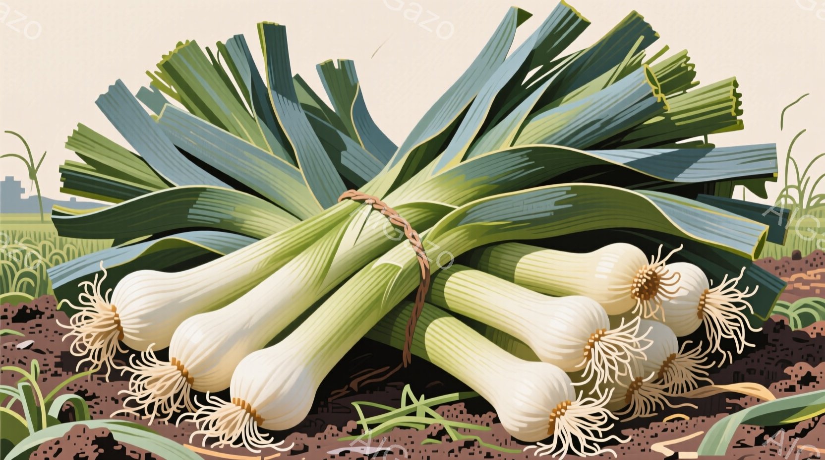 収穫されたネギが束ねられて土の上に置かれている様子を捉えています。ネギは白い球根と緑色の葉を持ち、根が土からわずかに露出しています。背景には、稲作が行われている田園風景が広がり、収穫の喜びと自然の豊か - AI生成フリー素材