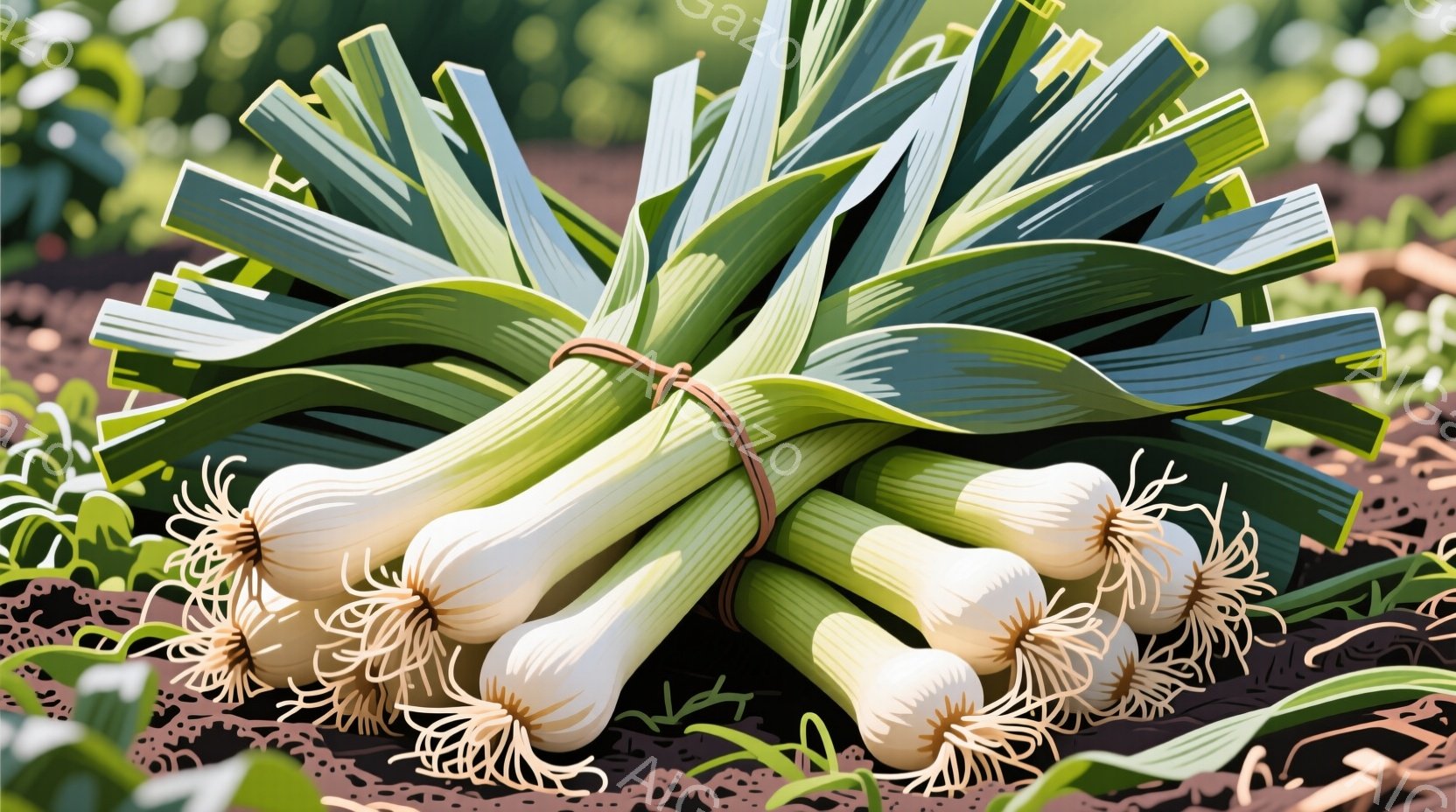 束ねられた長ネギが土の上に置かれている様子が写っています。根が露出した長ネギは、鮮やかな緑色と白色のコントラストが印象的で、収穫されたばかりの新鮮さを感じさせます。背景にはぼやけた緑色の植物が見え、農園や畑の一角であると思われます。