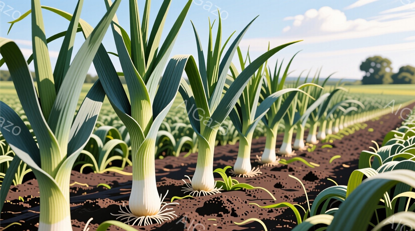 籠の中にネギがいくつか入っている様子が描かれている。籠は茶色い籐編みで、影が強く落ちていることから、強い光が当たっていることがわかる。背景は明るいベージュ色で、数枚の落ち葉が散らばっており、静かで素朴な雰囲気を醸し出している。