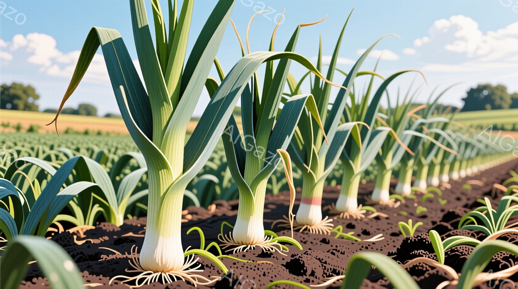 野菜畑が広がり、ネギが整然と並んでいます。土は黒く、ネギの白い根元と緑の葉が鮮やかなコントラストを描いています。背景には緑の草地と青空が見え、晴れた日の穏やかな農村風景を伝えています。 - AI生成フリー素材