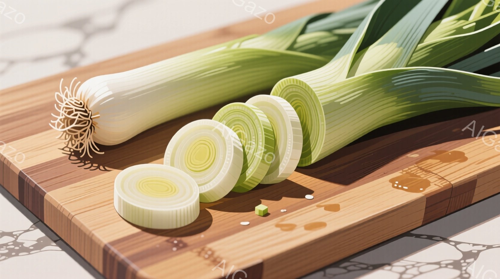 切り刻まれたネギが木製のまな板の上に置かれています。ネギは根元から順に、丸ごと、そして輪切りになったものが配置され、切断面からわずかに水分が染み出している様子が伺えます。背景は白い大理石調の床で、全体 - AI生成フリー素材