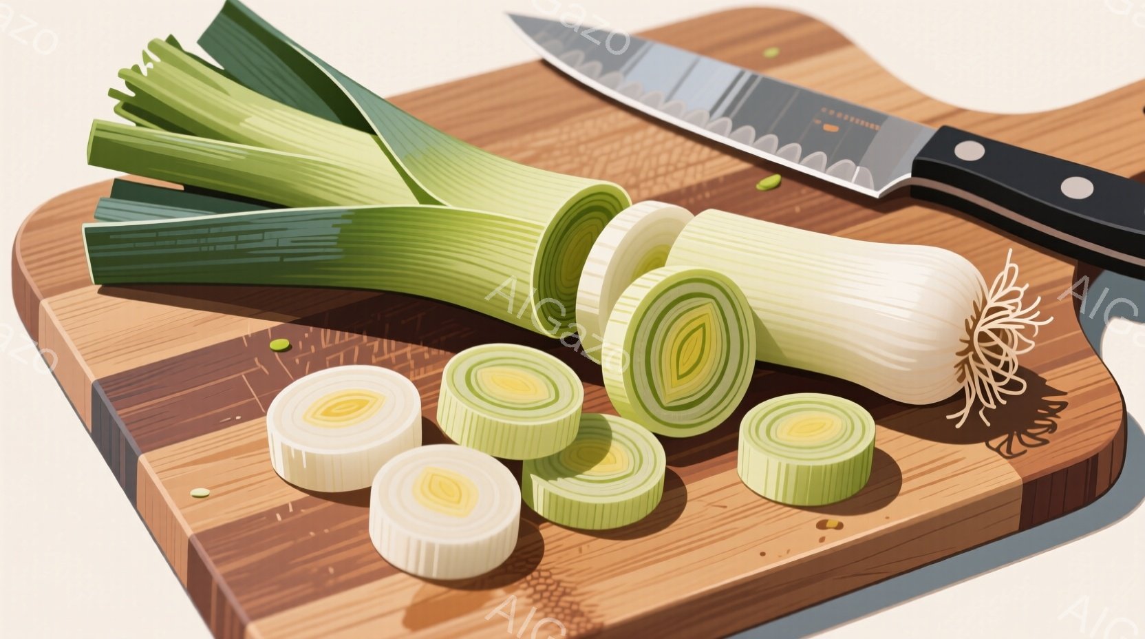 切り分けたネギが木製のまな板の上に並べられています。ネギは緑色の葉の部分と白い根の部分が鮮やかに映え、一部は薄切りになっています。背景は明るいベージュ色で、全体的に清潔感があり、料理の準備をしている様 - AI生成フリー素材
