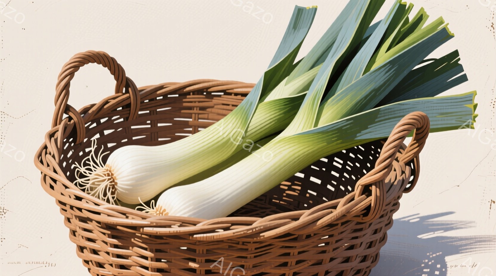 籠の中にネギが数本入っています。籠は茶色で編み込みが細かく、ネギの白い根元と緑色の葉が鮮やかです。全体的に自然光が差し込み、素朴で穏やかな雰囲気が漂っています。