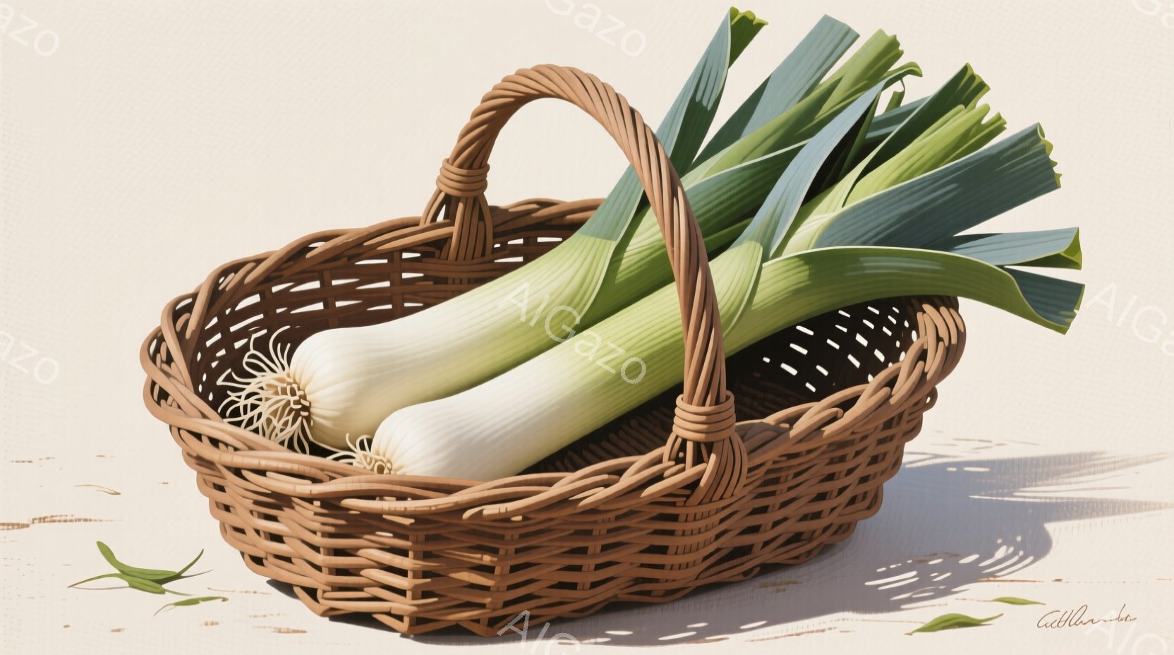 籠の中にネギがいくつか入っている様子が描かれている。籠は茶色の編み込みで、光の当たり方で影が表現されている。背景はベージュ色で、落ち葉がいくつか散らばり、全体的に素朴で穏やかな雰囲気が漂う。