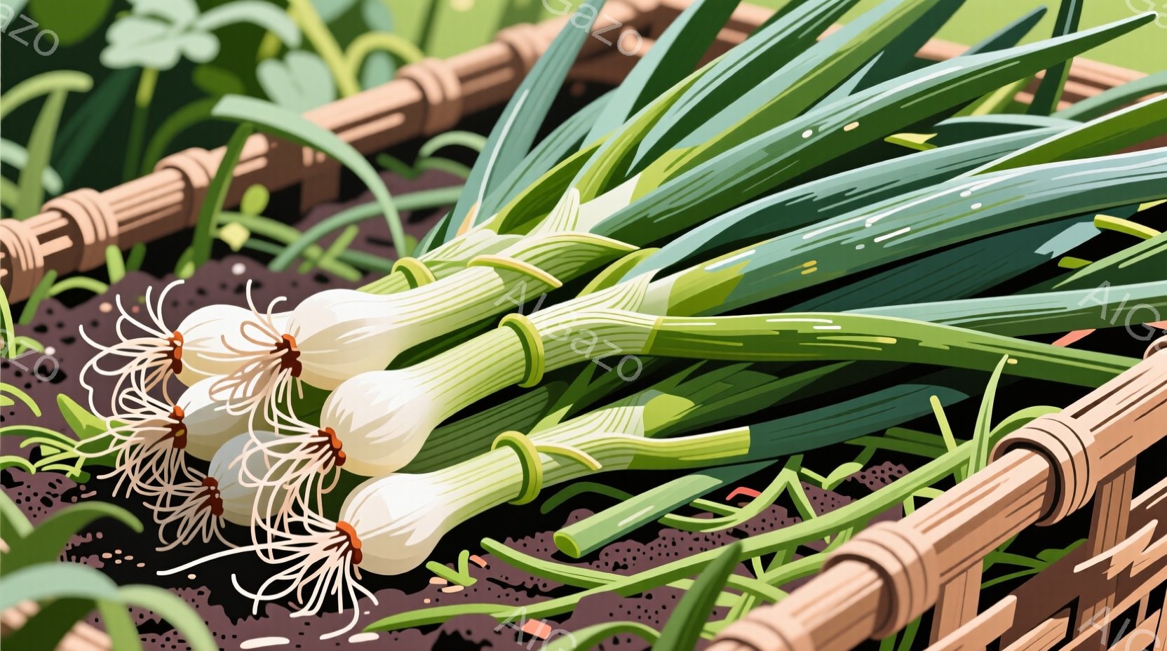 畑で収穫されたばかりのニンニクが、土の上に横たわっている様子が写っている。緑色の葉は鮮やかで、根元には土が付着しており、収穫されたばかりであることがわかる。背景には竹の柵と土が見え、自然豊かな農園の一 - AI生成フリー素材