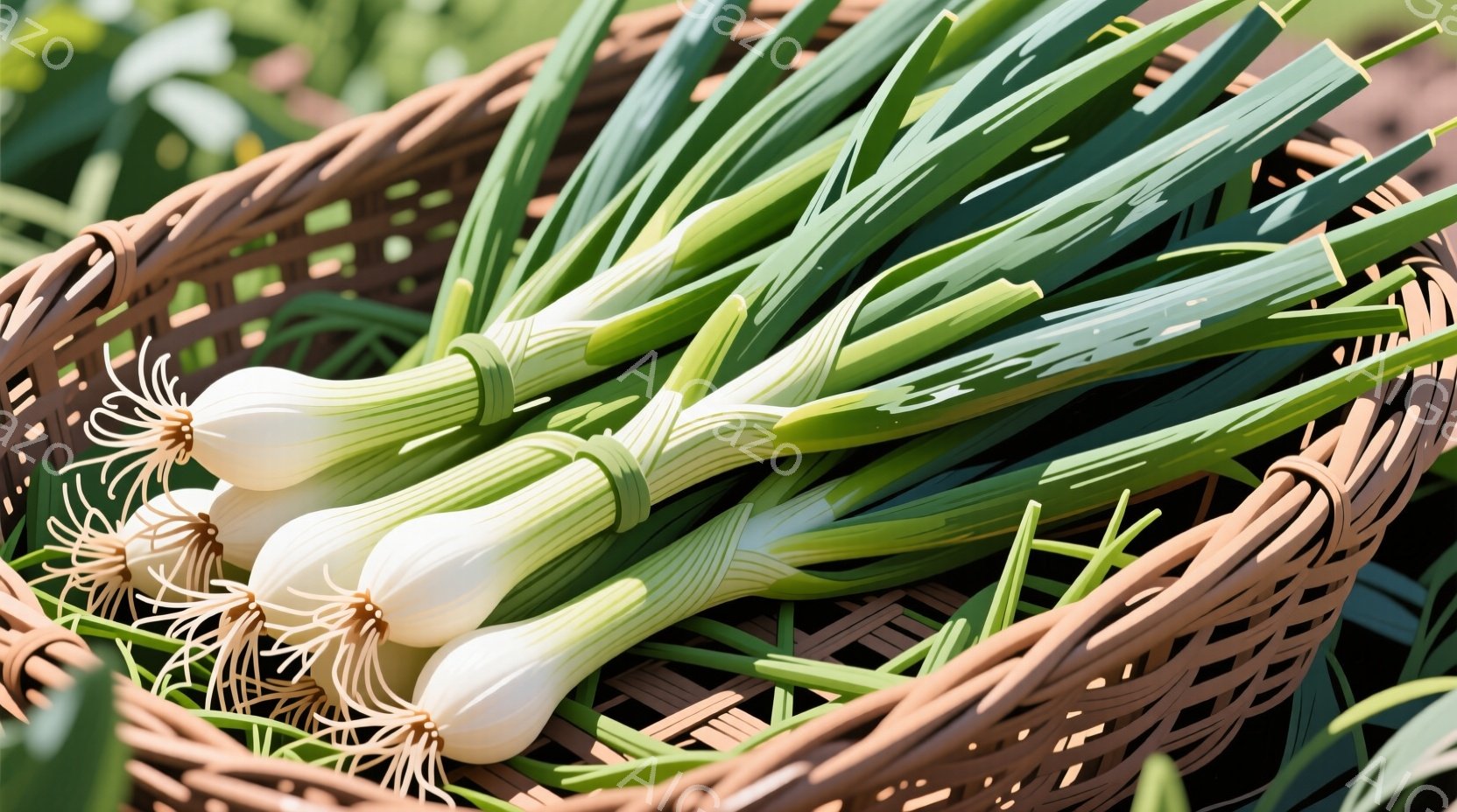 籠の中に、根付きの長ネギがぎっしりと詰まっています。 長ネギは白くふっくらとした球根を持ち、緑色の鮮やかな葉が根元から伸びています。 背景はぼやけており、自然光が差し込んでいて、収穫されたばかりの新鮮な野菜の雰囲気が漂っています。