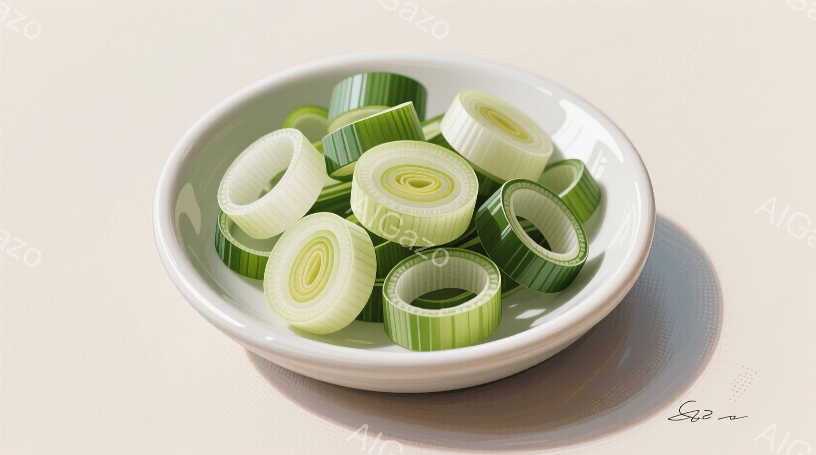 白い丸い器に、薄切りにしたネギがたっぷり盛られています。ネギは鮮やかな緑色と白い部分が層になっており、新鮮さを感じさせます。背景は淡いベージュ色で、ネギの色を引き立て、全体的に清潔でシンプルな印象を与 - AI生成フリー素材