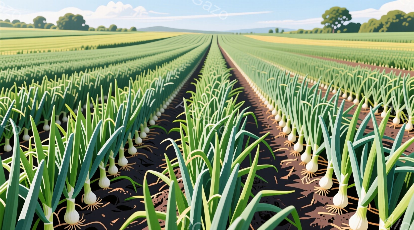 広大な畑には、整然と並んだ緑色のネギがびっしりと植えられています。遠くには、緑豊かな木々や丘が見え、晴れた空の下、穏やかで平和な雰囲気を醸し出しています。黒い土と鮮やかな緑のコントラストが、自然の美しさを強調しています。