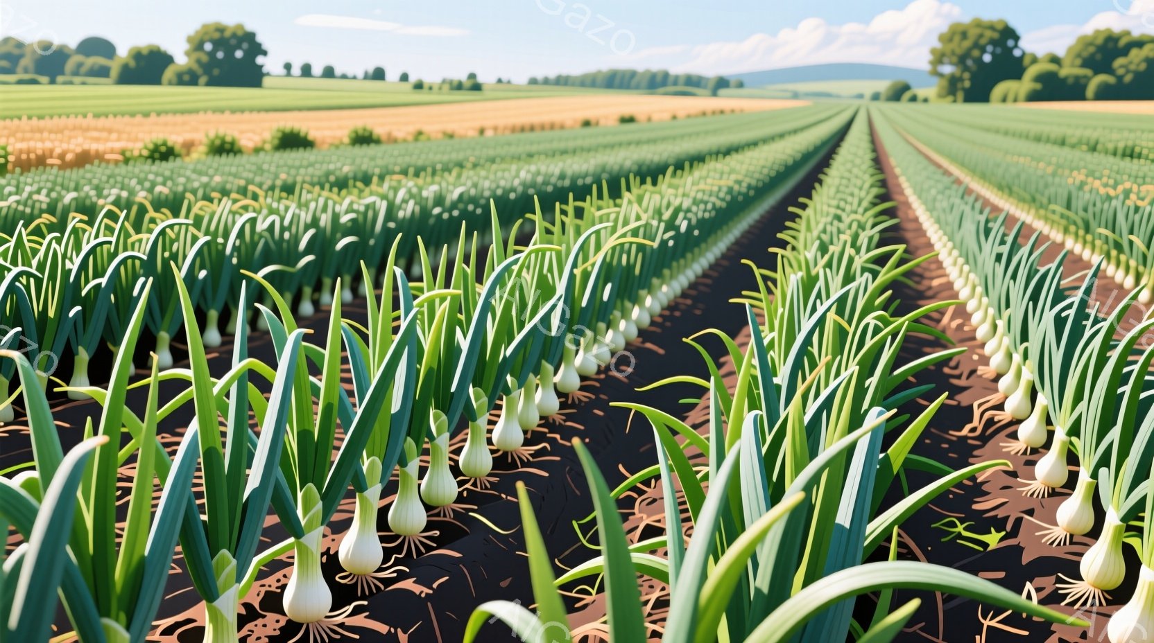 広大な畑に、整然と並んだネギが密集して広がっている。背景には、緑豊かな丘と、わずかに見える建物があり、晴天の下、穏やかな雰囲気が感じられる。ネギの緑と土の黒、そして遠くの丘の緑が、目に優しい風景を作り - AI生成フリー素材
