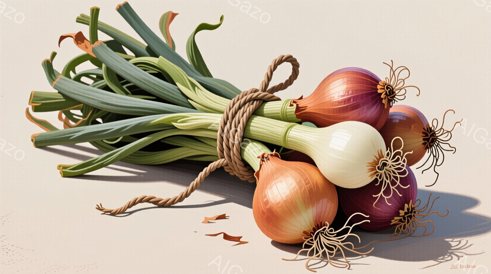 鮮やかな緑色のネギが束ねられており、茶色の紐でしっかりと結ばれています。赤色と黄色の異なる種類の玉ねぎが数個、ネギの根元に寄り添うように置かれ、それぞれが根を張った状態です。背景は淡いベージュ色で、剥がれたネギの皮がいくつか散らばっており、全体的に素朴で自然な雰囲気を醸し出しています。