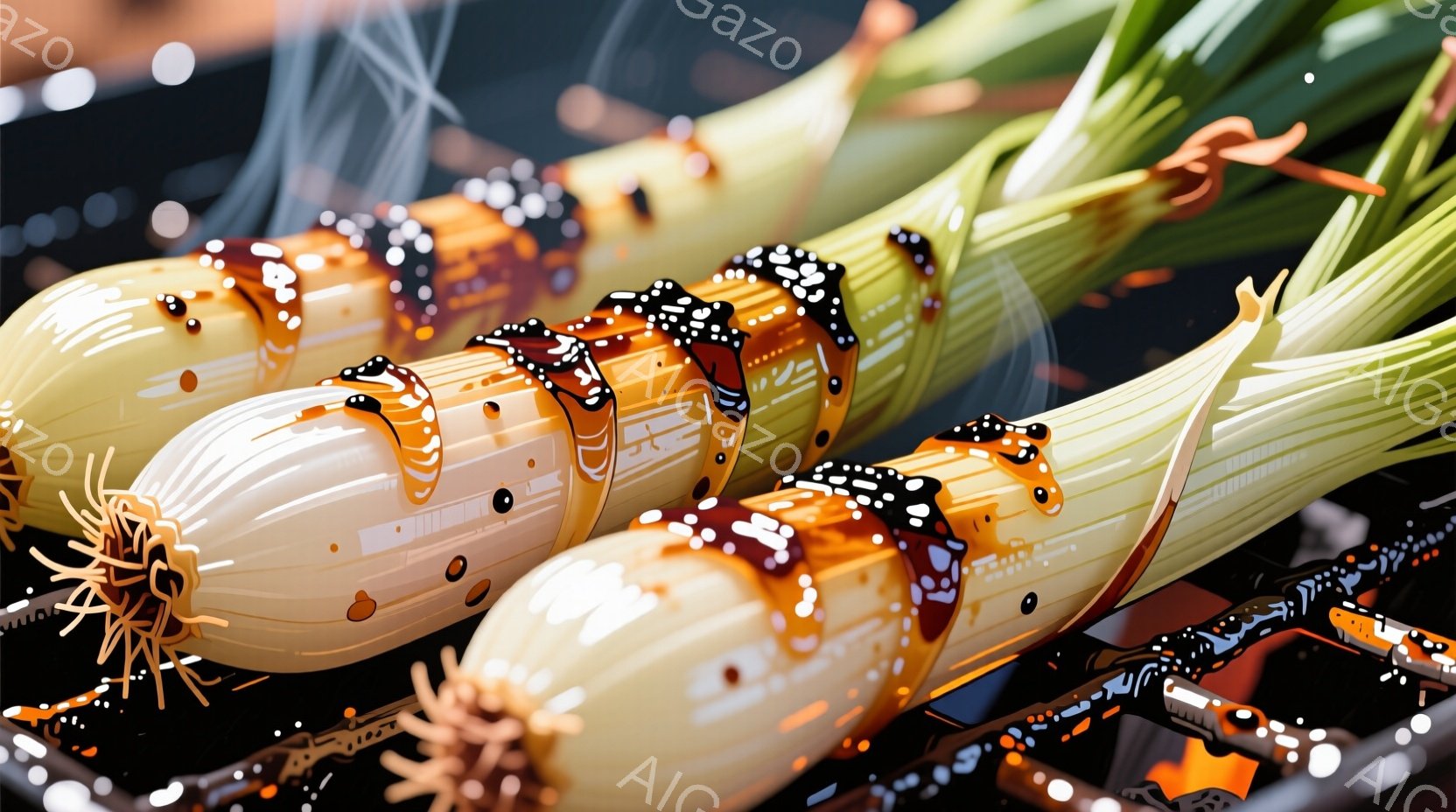 白ネギが炭火で焼かれている様子が写っている。ネギは焦げ目がつき、照り照りとしたタレが塗られており、香ばしい匂いが想像される。網の上で焼かれているため、背景は暗く、炭の赤熱と湯気が立ち上っているのが見える。
