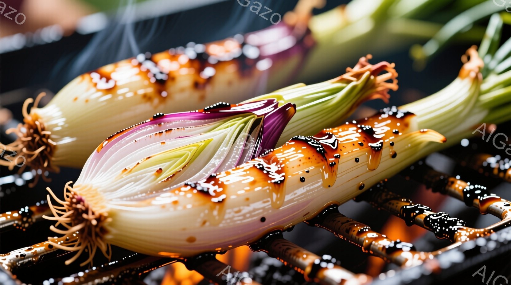 串に刺された大きなネギが、焼き網の上でじっくりと焼かれています。ネギの表面は照り照りとしており、香ばしいタレが垂れ下がっています。背景には炎がぼんやりと見え、食欲をそそる温かい雰囲気が漂っています。
