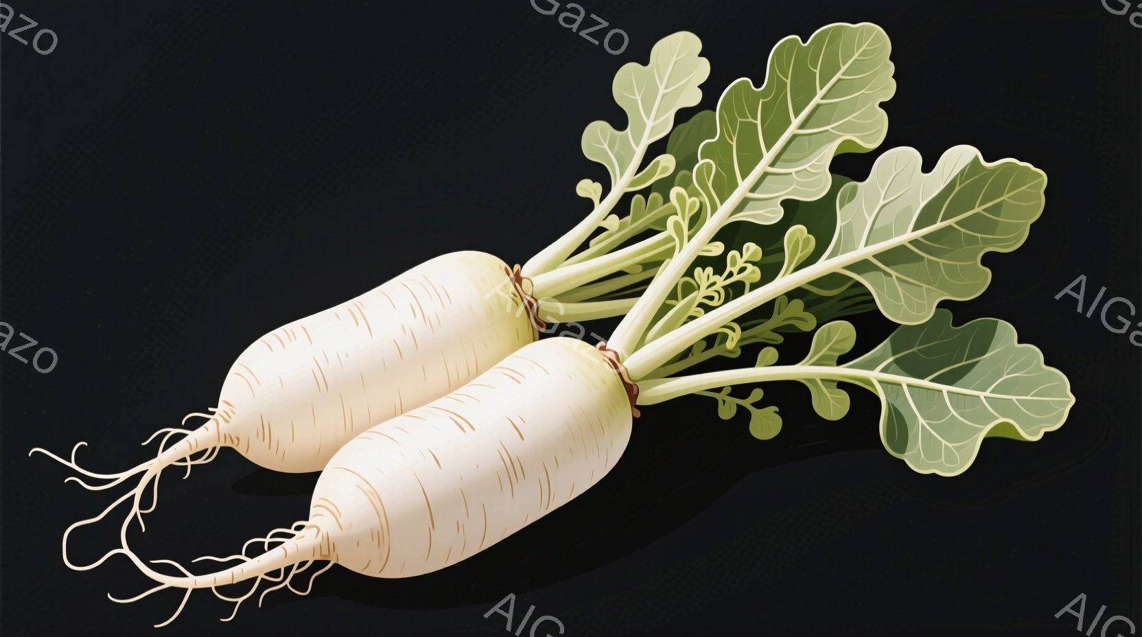 白くて細長い大根が二本、絡み合った根と緑色の葉を伴って描かれています。大根の表面には細い線が描かれ、土から引き抜かれたばかりの新鮮さを表現しています。背景は黒で、大根が際立って見えます。