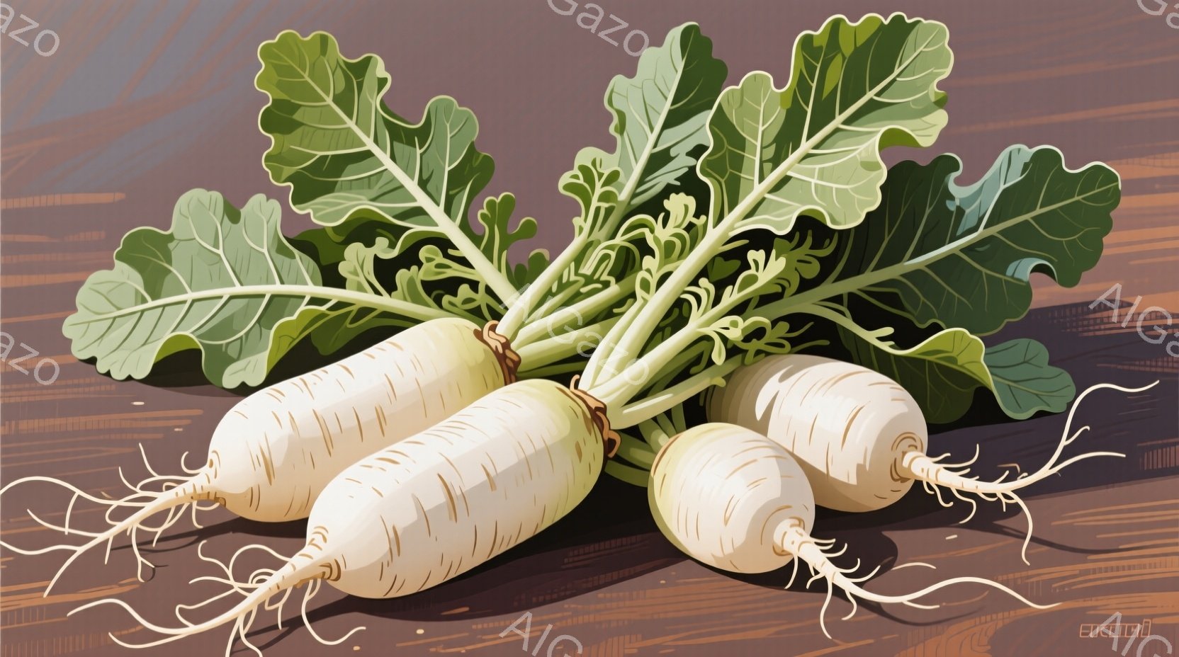 白くて丸い大根が三本、茶色っぽい木製の台の上に置かれています。それぞれの根元には細い根が伸び、緑色の葉が茂っています。背景はぼかした茶色のグラデーションで、全体的に素朴で温かい雰囲気が漂います。