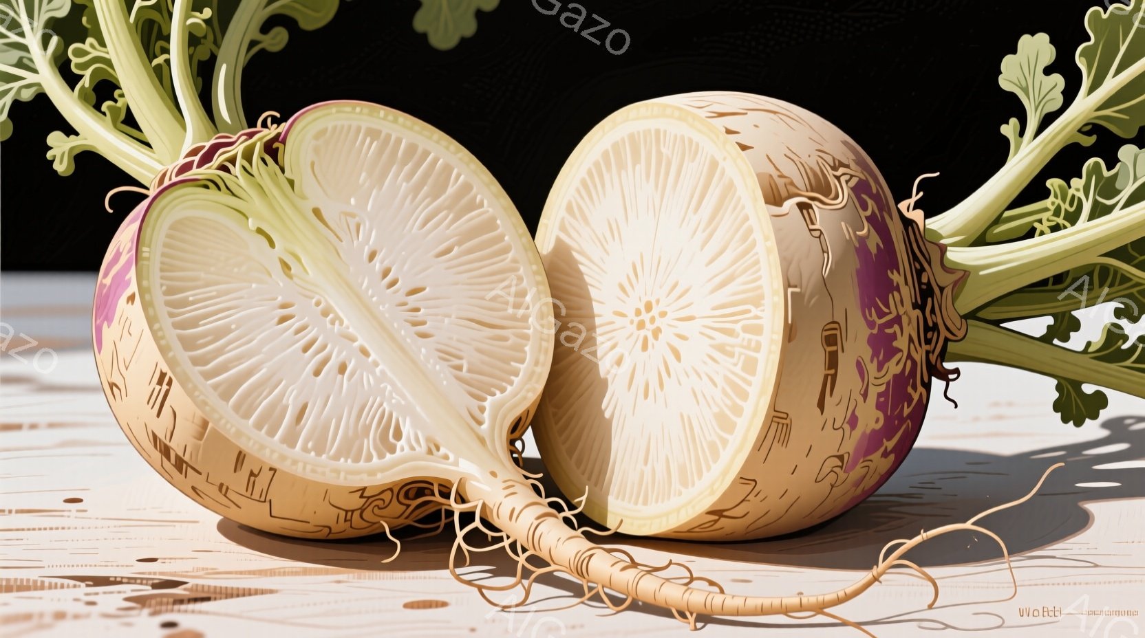 濃い紫色と白のコントラストが美しい大根が半分に切られて配置されている。根元には細い根が絡みつき、表面には土の付着がわずかに見られる。背景は木目の見えるテーブルで、全体的に自然で素朴な雰囲気が漂っている。