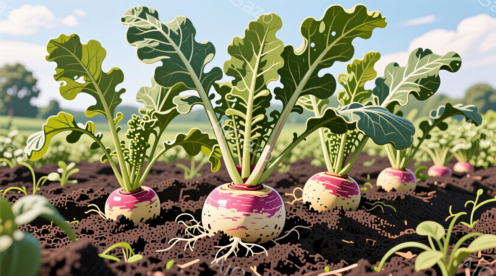 畑には、紫と白の縞模様のダイコンが土から顔を出しています。鮮やかな緑色の葉が茂り、根は土の中にしっかりと根付いています。背景には、緑豊かな草地と遠くの木々が見え、晴れた空の下、穏やかな農村の風景が広が - AI生成フリー素材