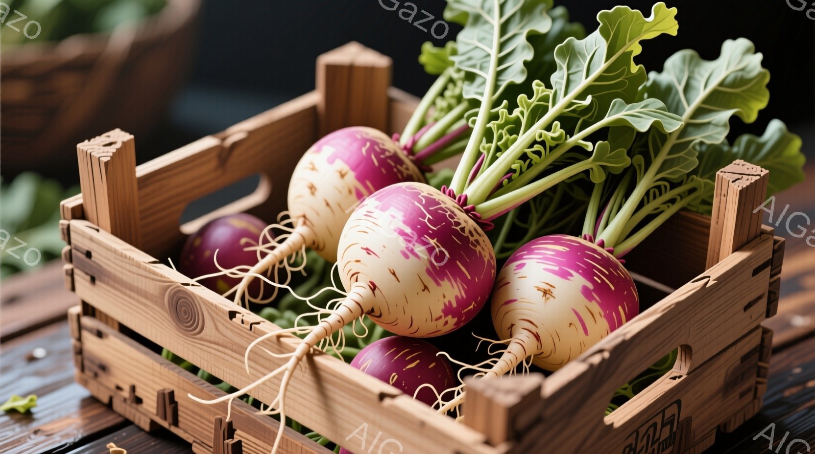 木箱の中に、数個の紫色の蕪が収穫されたばかりに置かれています。蕪はクリーム色と紫色のまだら模様で、新鮮な緑色の葉が茂っています。箱は木目調で、背景にはぼやけた木製のテーブルが見え、全体的に自然で素朴な - AI生成フリー素材