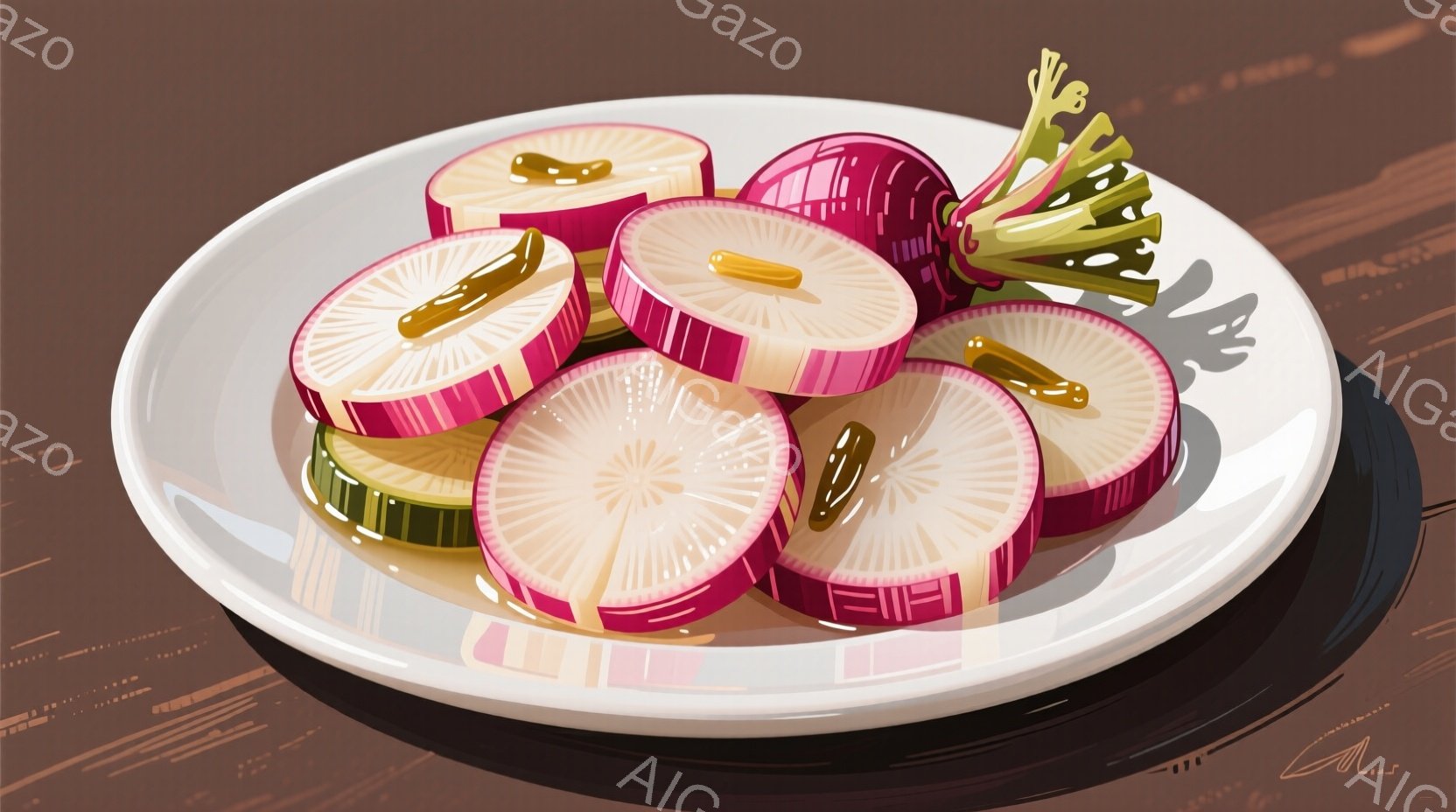 白い皿に、赤と白の美しい縞模様のダイコンの薄切りが盛り付けられています。中央には緑色の葉が添えられ、照りが入った切り口が美味しさを引き立てています。背景は木目調のテーブルで、温かく落ち着いた雰囲気を醸し出しています。