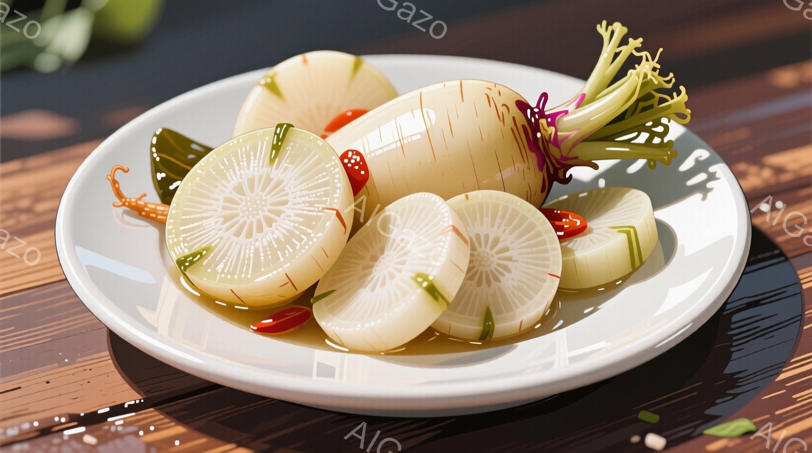 白い皿に、大根の薄切りが美しく盛り付けられています。鮮やかな赤色の唐辛子と緑色の葉がアクセントとなり、食欲をそそる一品です。背景は木目調のテーブルで、全体的に明るく清潔な印象を与えます。 - AI生成フリー素材
