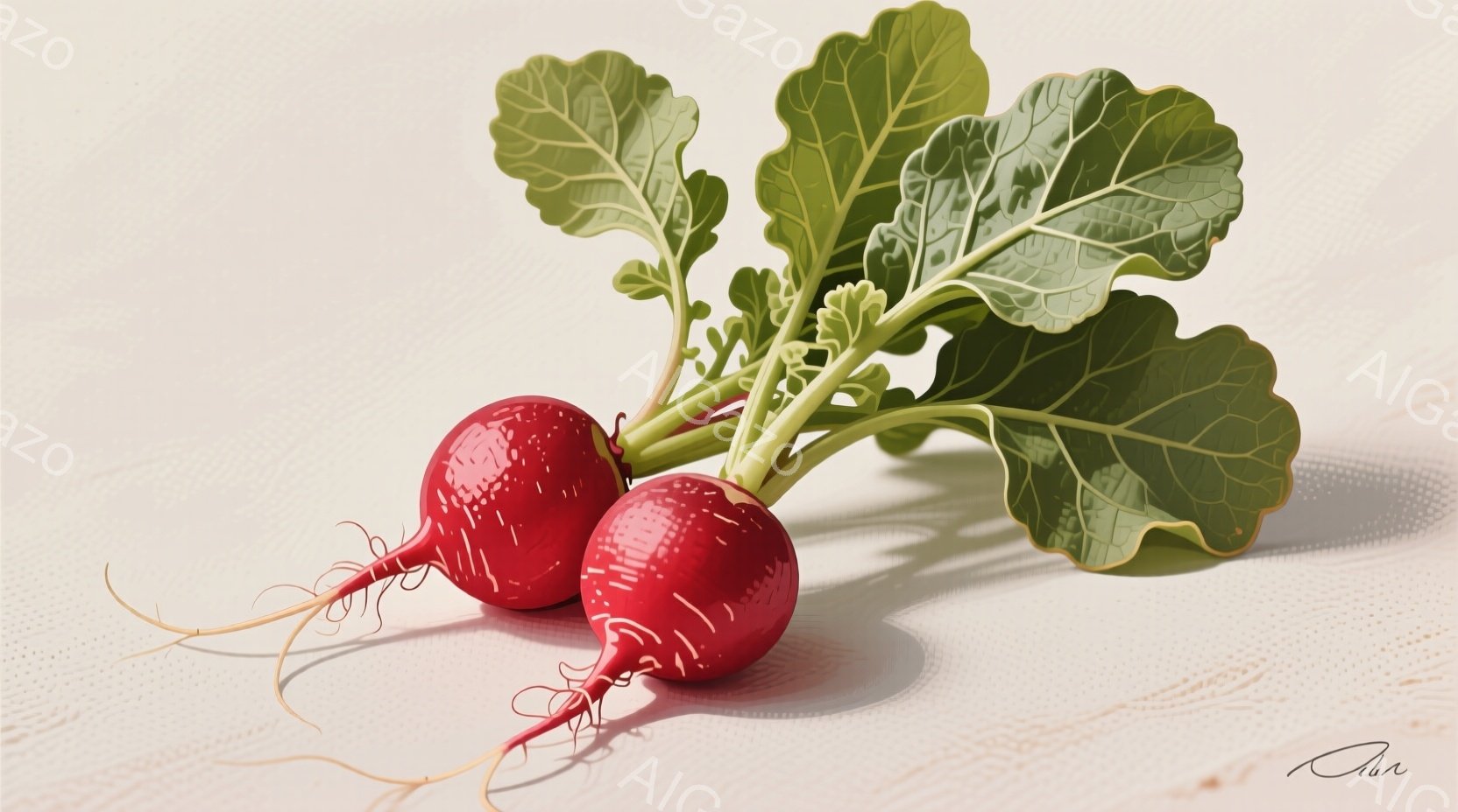 鮮やかな赤色の2つの大根が、緑色の葉っぱと根とともに白い木製のテーブルの上に置かれています。大根は丸みを帯びており、表面には小さな斑点が見られます。背景は白く、全体的にシンプルで自然な雰囲気です。 - AI生成フリー素材