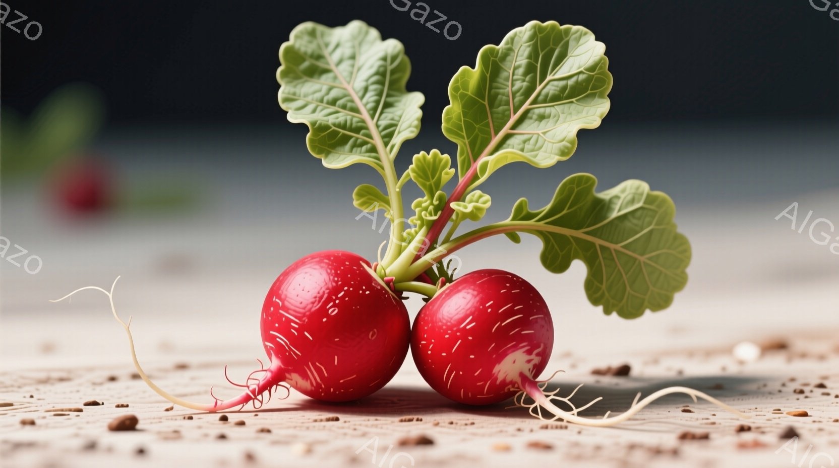 赤くて丸い大根が二つ、土の上に並んでいます。緑色の葉が元気よく伸びており、根元には細い根が広がっています。背景はぼやけており、土の質感と大根の鮮やかな色が際立っています。 - AI生成フリー素材