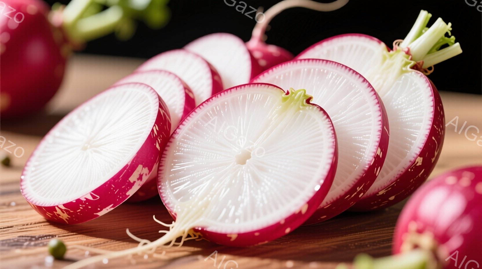 赤カブが薄切りにされ、根元が繋がった状態で並べられています。木製のテーブルの上に置かれており、背景は暗くぼやけています。全体的に、新鮮な食材と自然な雰囲気が感じられます。 - AI生成フリー素材