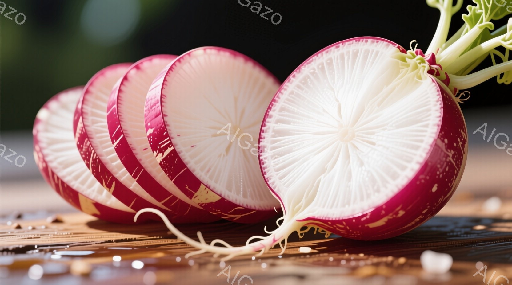 大根が薄切りにされ、互いに重なるように並べられています。切り口からは、美しいピンクと白のコントラストが確認でき、根元には緑色の葉がわずかに残っています。背景は木製のトレイで、水滴が散らばっており、全体的に清潔で新鮮な印象を与えます。