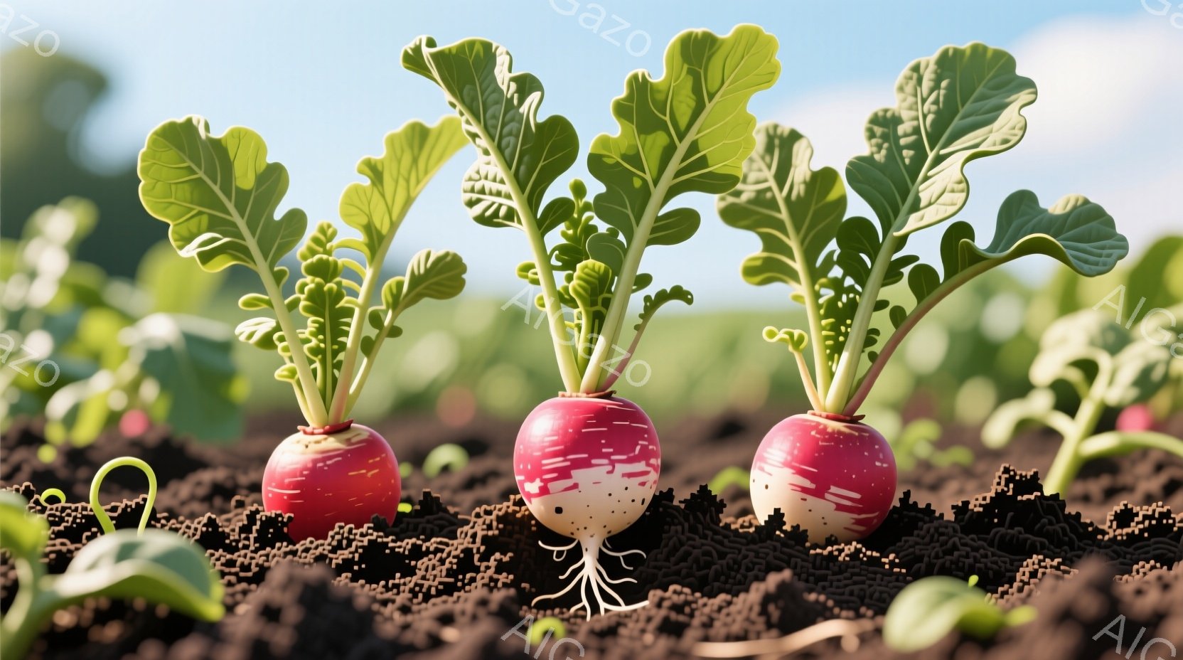 畑の中に、赤と白の縞模様のダイコンが土から顔を出している様子が描かれています。葉は鮮やかな緑色で、土壌は茶色でざらざらとした質感です。背景はぼやけており、遠くに緑の植物が見え、晴れた日の穏やかな農村の - AI生成フリー素材