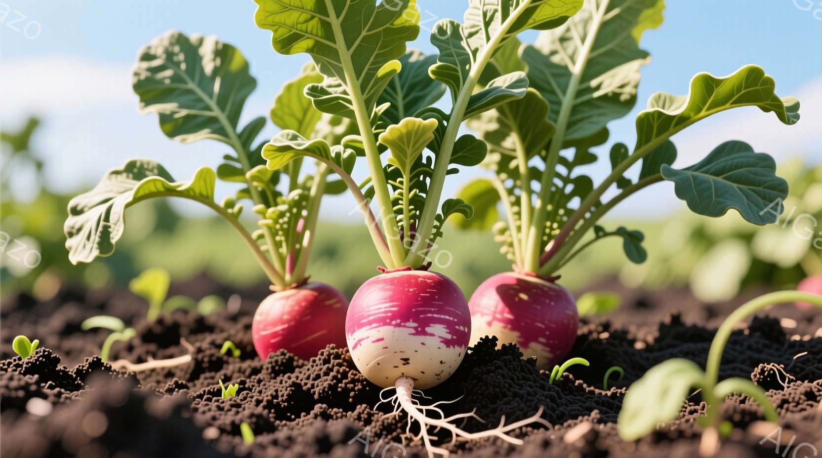 赤い皮に白い部分が特徴的な大根が土の中から顔を出し、緑色の葉が生き生きと茂っています。土は黒く、耕されたばかりの畑の様子が伺え、背景にはぼんやりと緑の植物が見えます。太陽の光が差し込み、作物が育つ豊かな自然の雰囲気が伝わってきます。