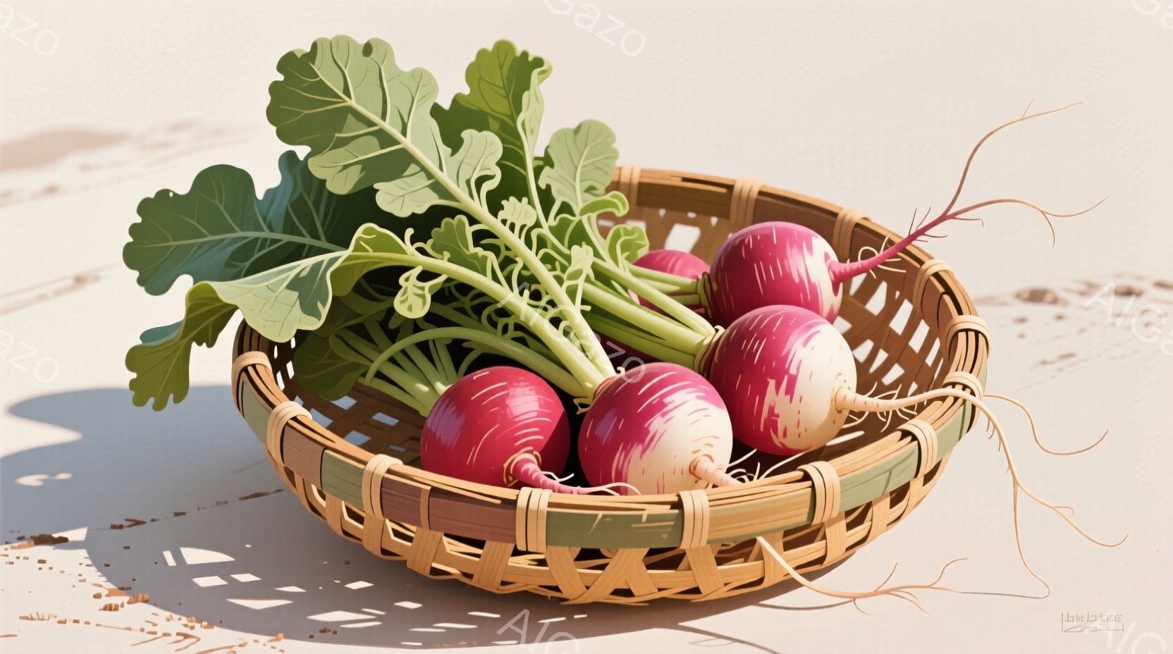カゴの中に、紫色の筋が入った白い蕪がいくつか入っています。蕪には緑色の葉がついており、根元には土が付いたままの様子が伺えます。背景は薄いベージュ色で、カゴの影が落ちており、全体的に穏やかで素朴な雰囲気 - AI生成フリー素材