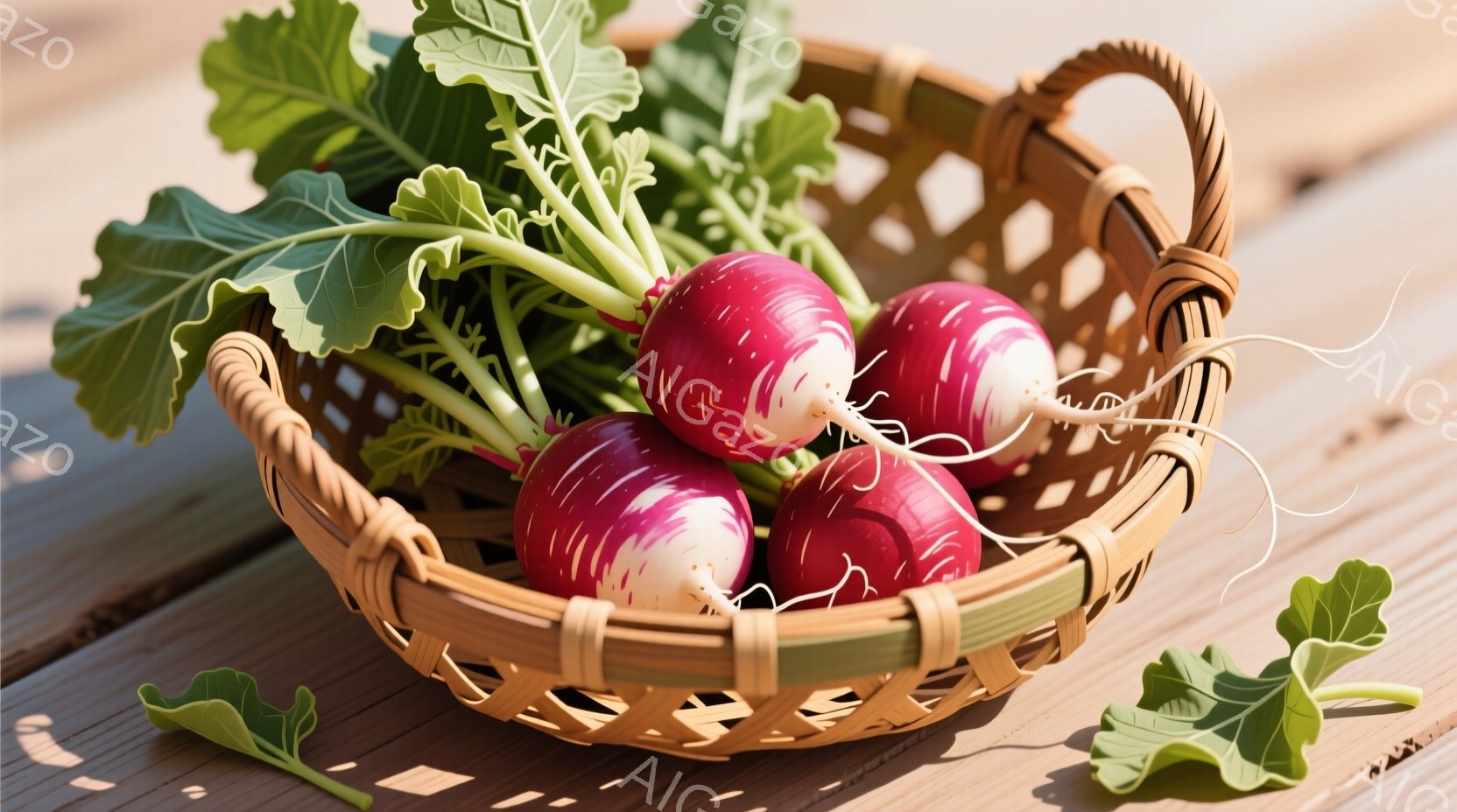 籐で編まれた浅いバスケットの中に、数個の赤と白のダイコンが入っています。鮮やかな緑色の葉がダイコンから生えており、木製のテーブルの上に置かれています。全体的に、自然で素朴な雰囲気があり、収穫されたばかりの新鮮な農産物を示しています。