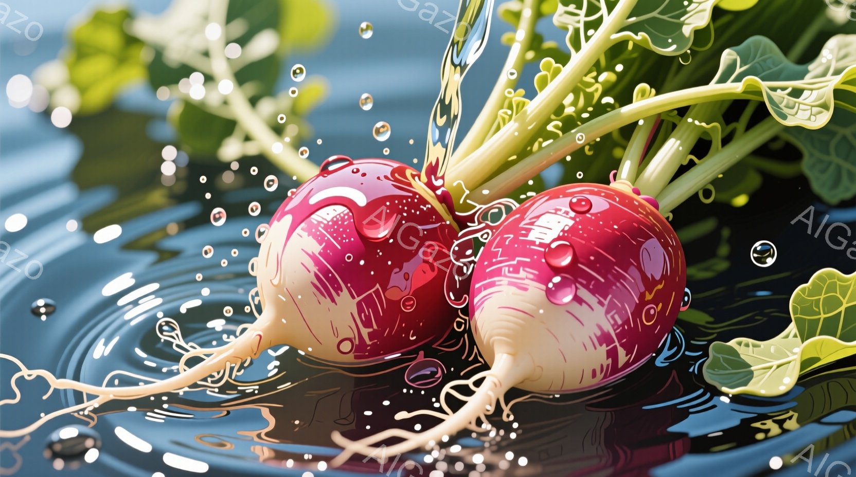 鮮やかな赤色のダイコンが水中に浮かんでおり、水滴が表面に付着して光沢を増しています。ダイコンの周りには水しぶきが飛び散り、緑色の葉が生き生きとしたコントラストを生み出しています。全体的に、自然の恵みを感じさせる爽やかで生命力あふれる雰囲気です。