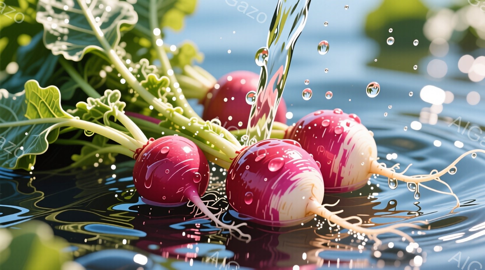 鮮やかなピンクと白のコントラストが美しい大根が3つ、水中で撮影されている。水しぶきが飛び散り、大根の表面に水滴が光り、生き生きとした印象を与える。背景はぼかされており、水面の反射が光をまとい、爽やかで - AI生成フリー素材