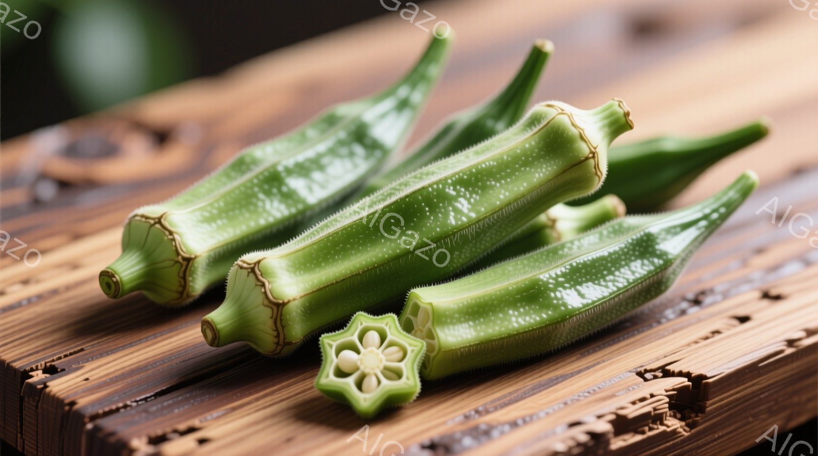 鮮やかな緑色のオクラが、木目の美しい茶色の台の上に並んでいます。一つは縦に切られており、星のような形をした種が見えます。背景は木製の質感が強調されており、自然な温かみを感じさせる雰囲気です。