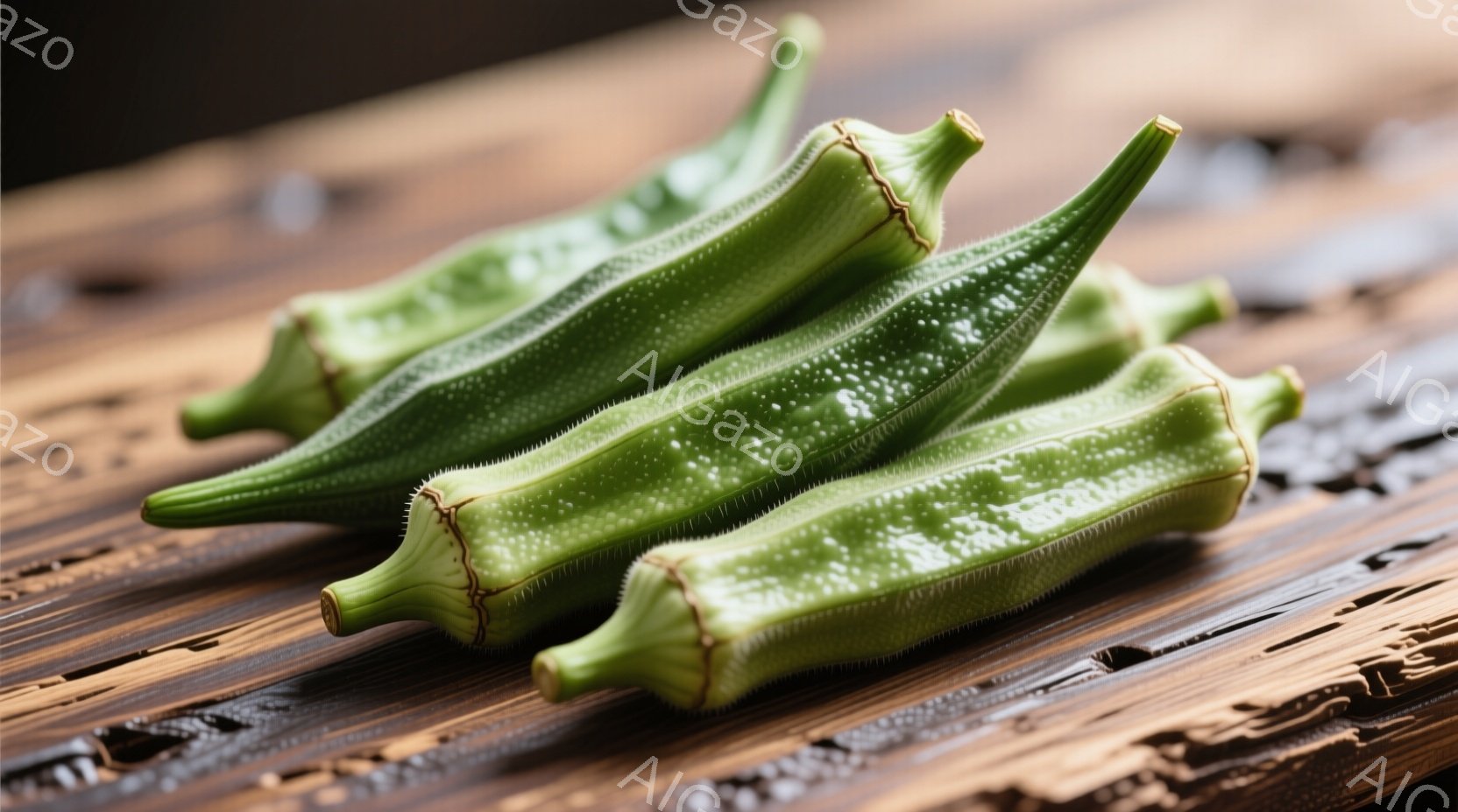 鮮やかな緑色のオクラが、粗い木製の板の上に並べられています。オクラはそれぞれ独特の形状をしており、表面には細かい毛が生えています。背景の木製板は深みのある茶色で、オクラの緑色をより際立たせており、素朴で自然な雰囲気を醸し出しています。