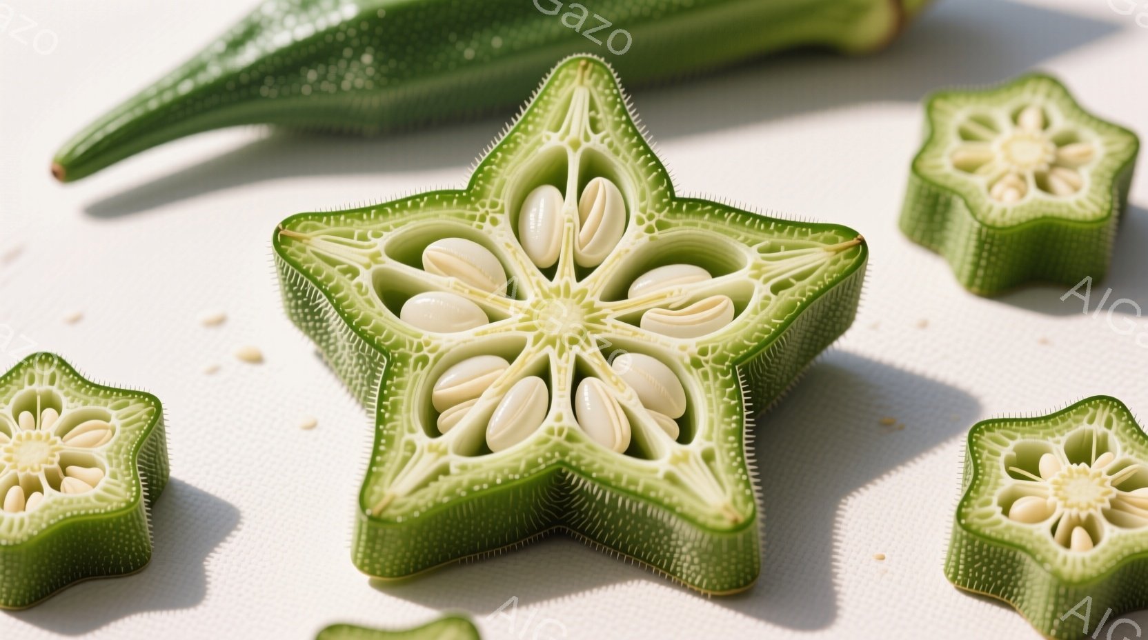 浅いベージュ色の背景に、オクラが複数、輪切りや縦切りで配置されている。中心には星形に切られたオクラがあり、その内部の種が白く、繊細な模様を描いている。全体的に明るく、清潔感のある印象で、オクラの断面の美しさが際立っている。