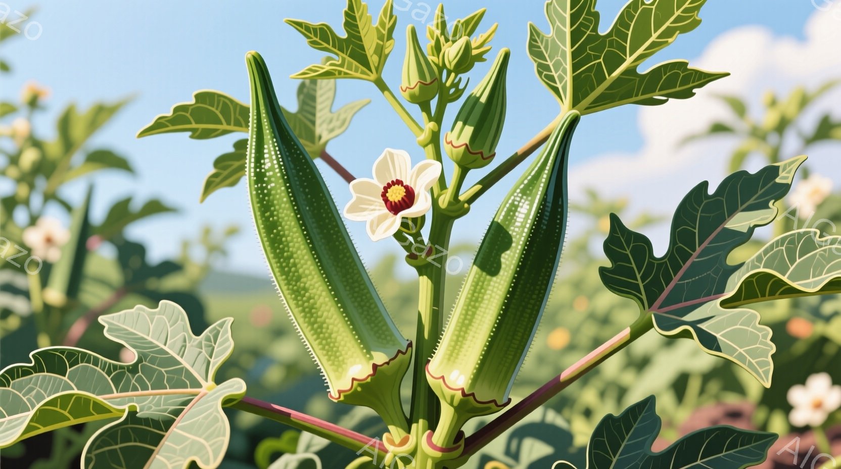 画像はオクラの植物に焦点が当てられています。緑色の実がいくつか茎に沿って成長しており、そのうちの一つは開花した花を伴っています。背景には緑豊かな葉とぼやけた風景が見え、晴れた日の穏やかな自然の雰囲気を醸し出しています。