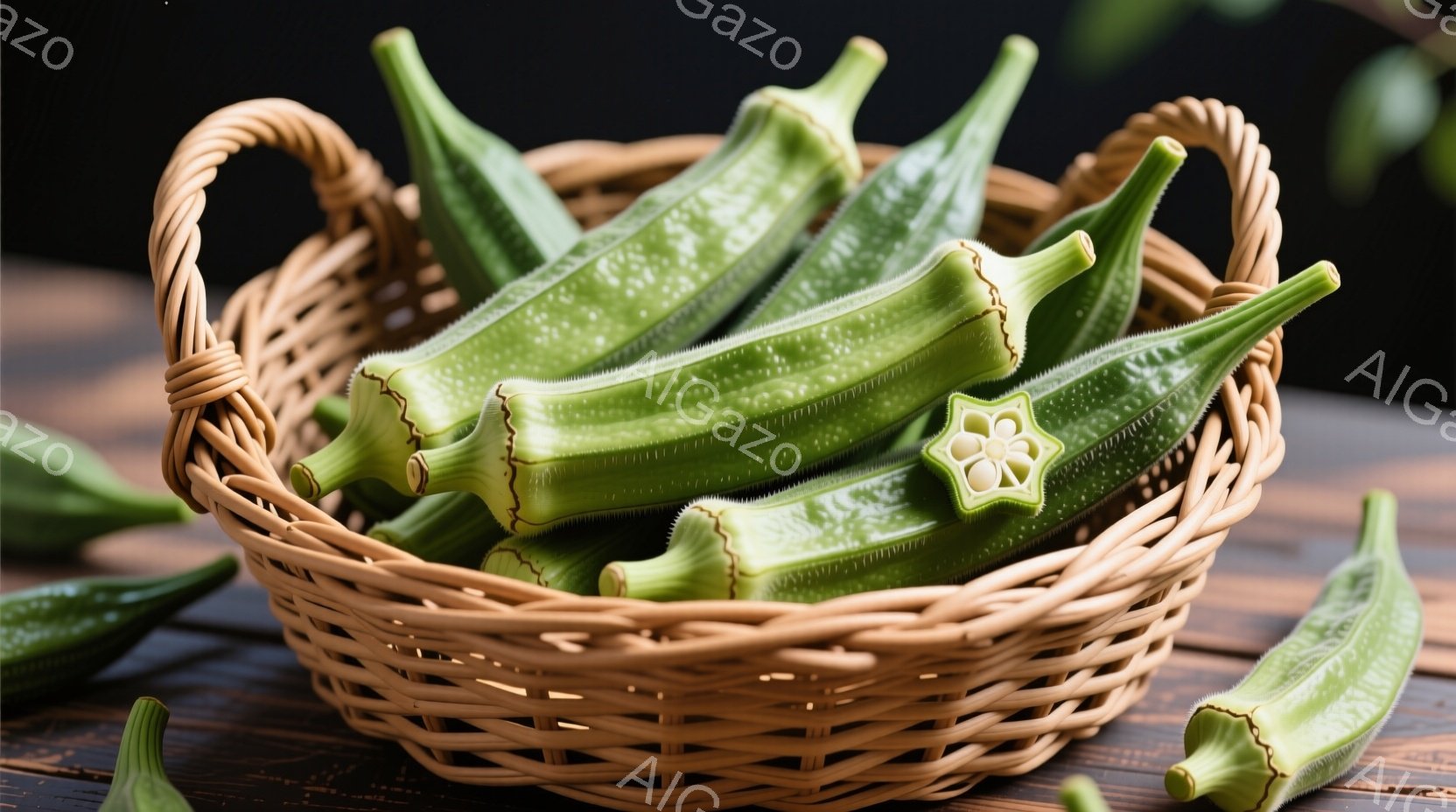 籠の中にオクラがぎっしりと詰まっている様子が写っている。オクラは鮮やかな緑色で、一部は切り口から見える白い模様が特徴的だ。背景は木製のテーブルで、暖かく素朴な雰囲気を醸し出している。 - AI生成フリー素材